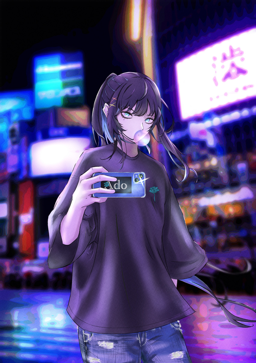 1girl, absurdres, ado_(utaite), black_hair, black_shirt, blue_eyes, blue_hair, blue_pants