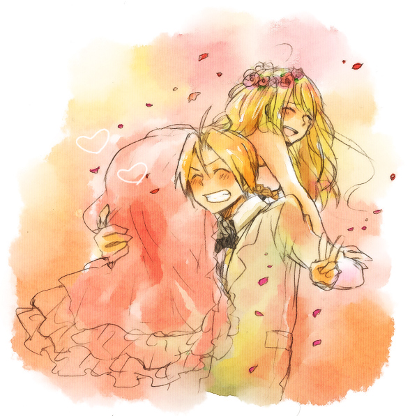 1girl, blonde_hair, blush, braid, closed_eyes, couple, dress, edward_elric