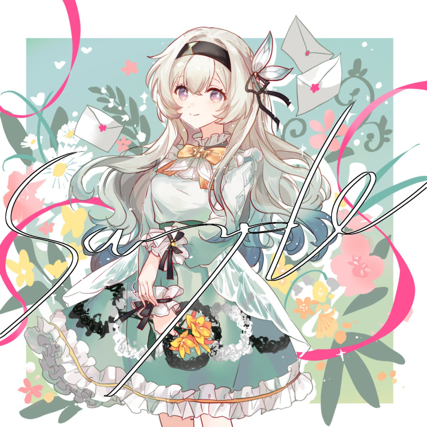 1girl, alternate_costume, black_hairband, border, commentary, cowboy_shot, dress, firefly_(honkai:_star_rail)