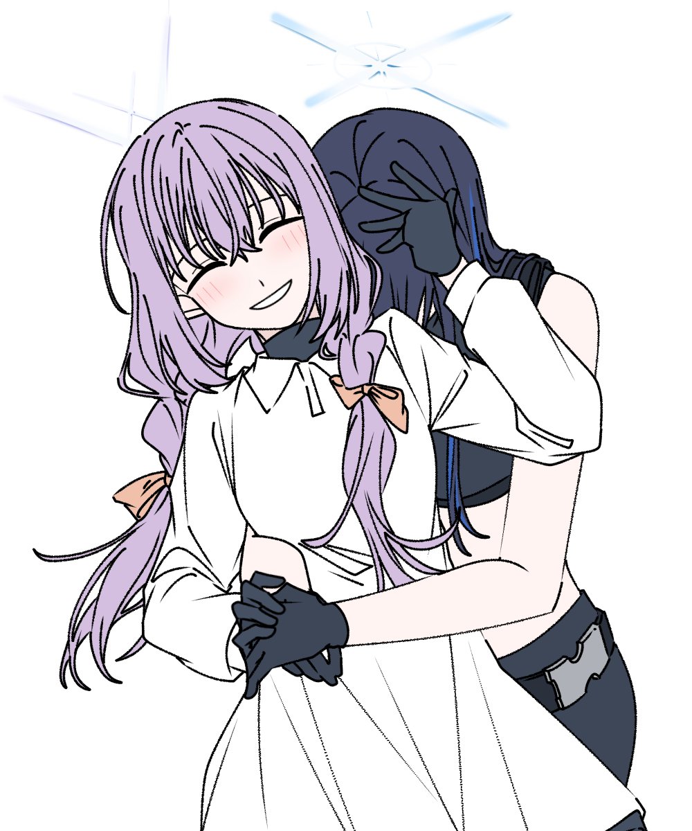 2girls, a_jak, atsuko_(blue_archive), black_gloves, black_hair, black_pants, black_shirt, blue_archive
