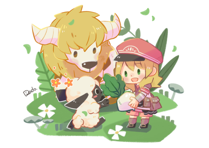 1girl, :d, absurdres, alice_(rune_factory), animal, blonde_hair, bull, cabbie_hat, chibi, chibi_only, commentary_request, dodo_(dodo8000008), flower, food, full_body, grass, green_eyes, hat, highres, holding, holding_food, holding_vegetable, leaf, long_hair, long_sleeves, mokomoko_(rune_factory), open_mouth, red_hat, rune_factory, rune_factory_5, sheep, smile, standing, turnip, vegetable, white_flower