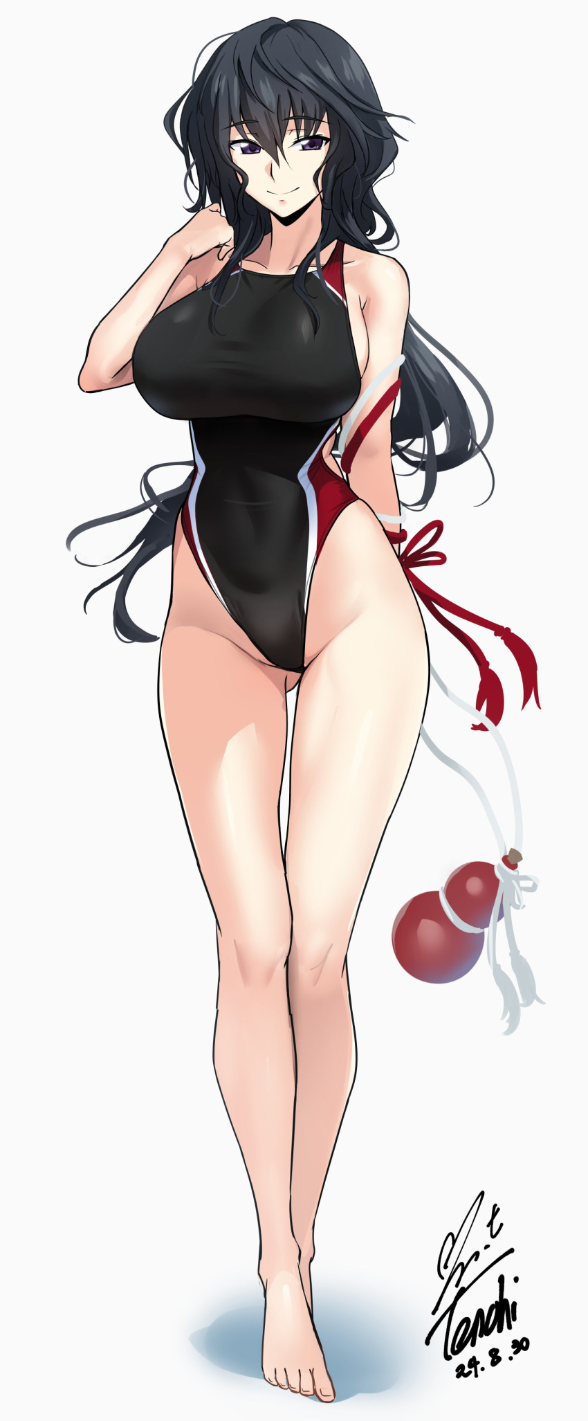 absurdres, alcohol, black_hair, black_one-piece_swimsuit, breasts, competition_swimsuit, covered_navel, gourd