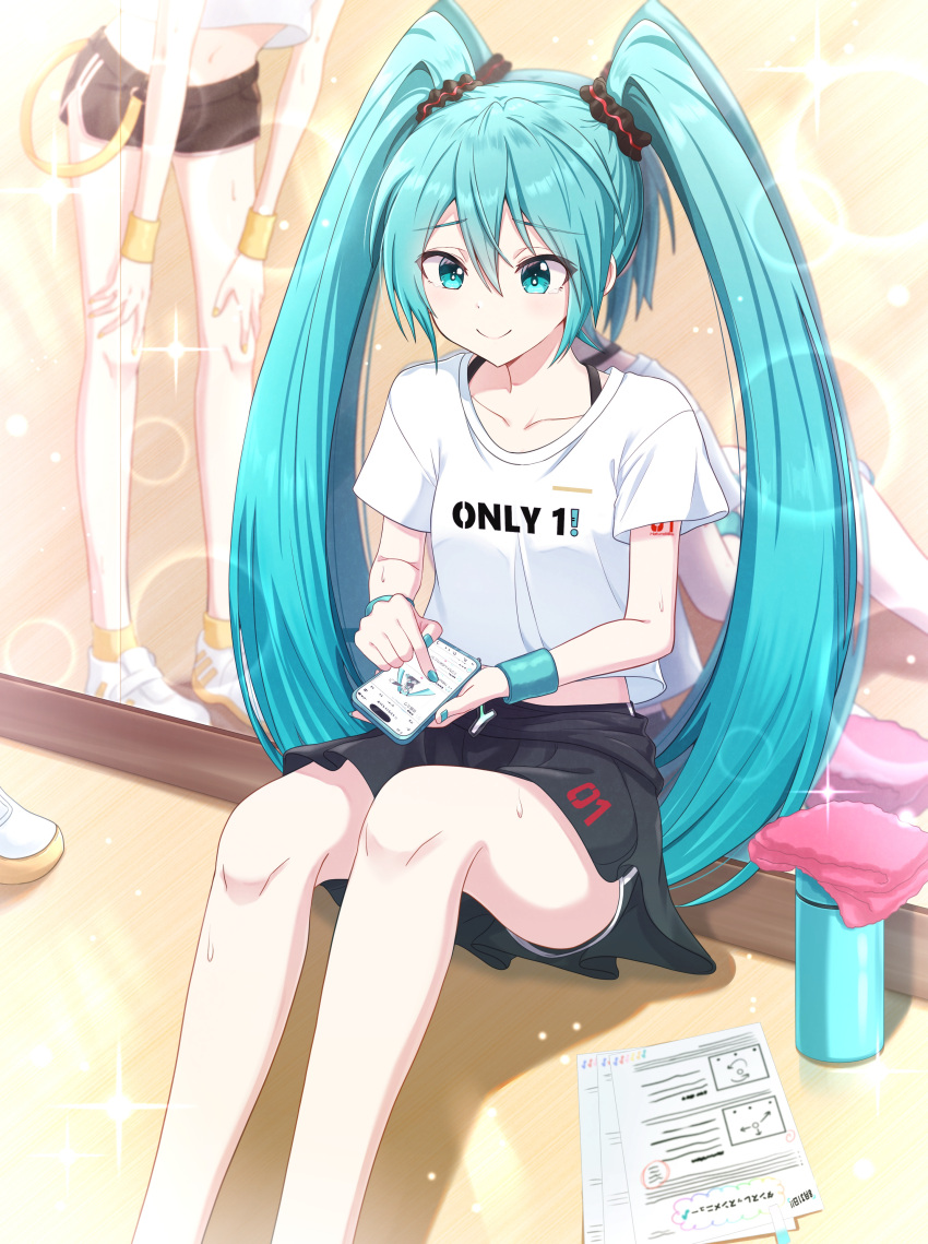 2girls, absurdres, aqua_eyes, aqua_hair, aqua_nails, black_shorts, blue_wristband, cellphone
