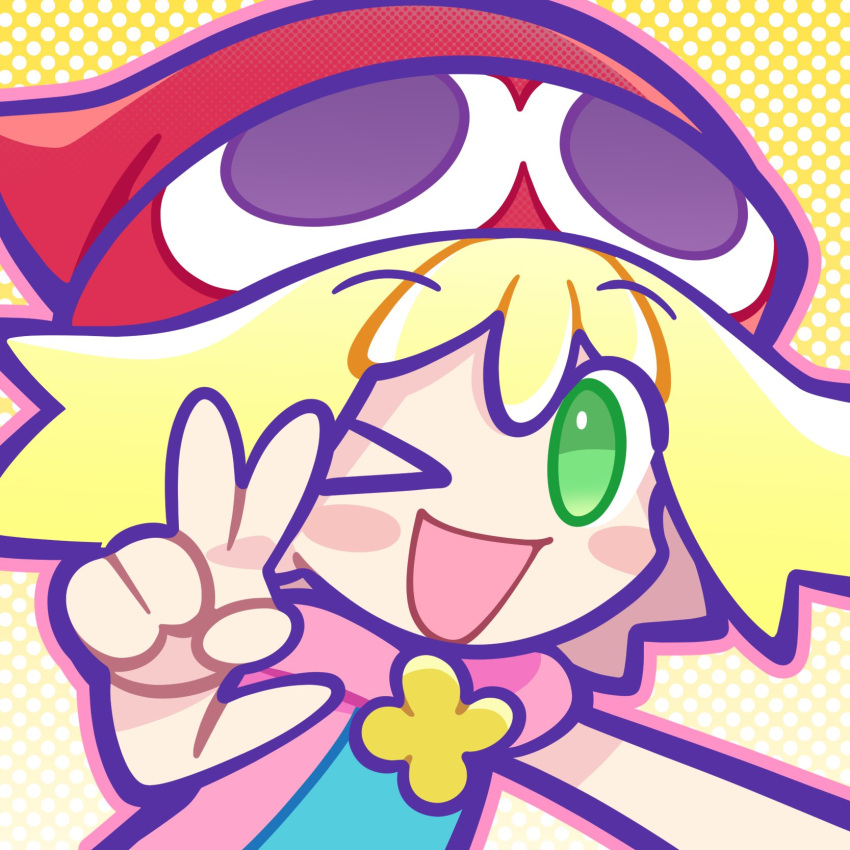 >_o, 1girl, :d, amitie_(puyopuyo), aqua_hoodie, blonde_hair, blush_stickers, character_hat