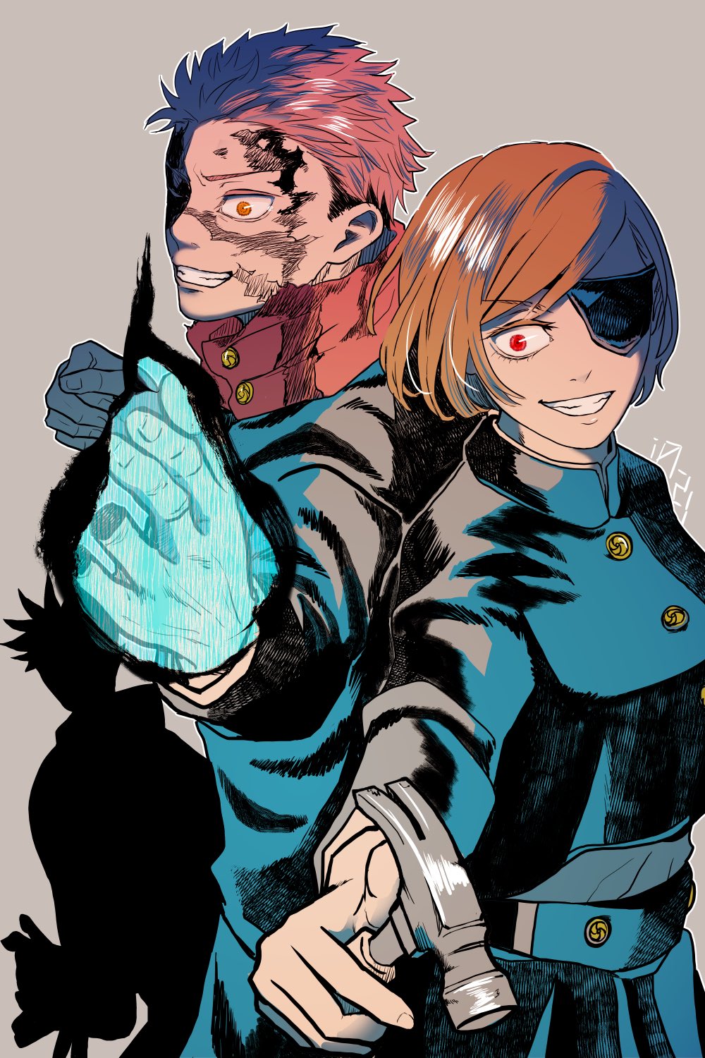 1boy, 1girl, artist_request, brown_hair, claw_hammer, cursed_energy_(jujutsu_kaisen), facial_mark, hammer