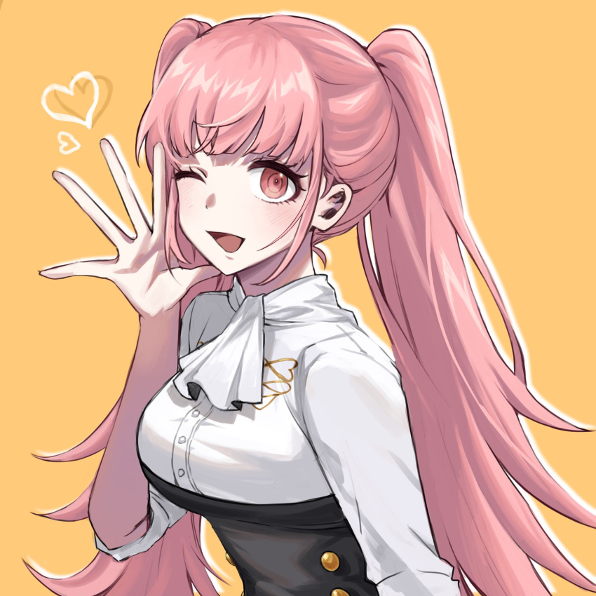1girl, ;d, ascot, breasts, commentary_request, fire_emblem, fire_emblem:_three_houses, garreg_mach_monastery_uniform, hand_up, heart, highres, hilda_valentine_goneril, hy_(fjvlg), long_hair, long_sleeves, looking_at_viewer, medium_breasts, one_eye_closed, open_mouth, orange_background, pink_eyes, pink_hair, shirt, simple_background, smile, solo, twintails, upper_body, very_long_hair, white_ascot, white_shirt