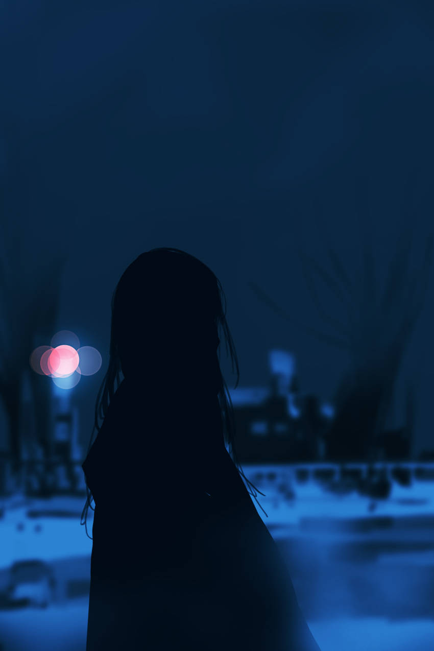 1girl, absurdres, bare_tree, blurry, blurry_background, bokeh, building, coat