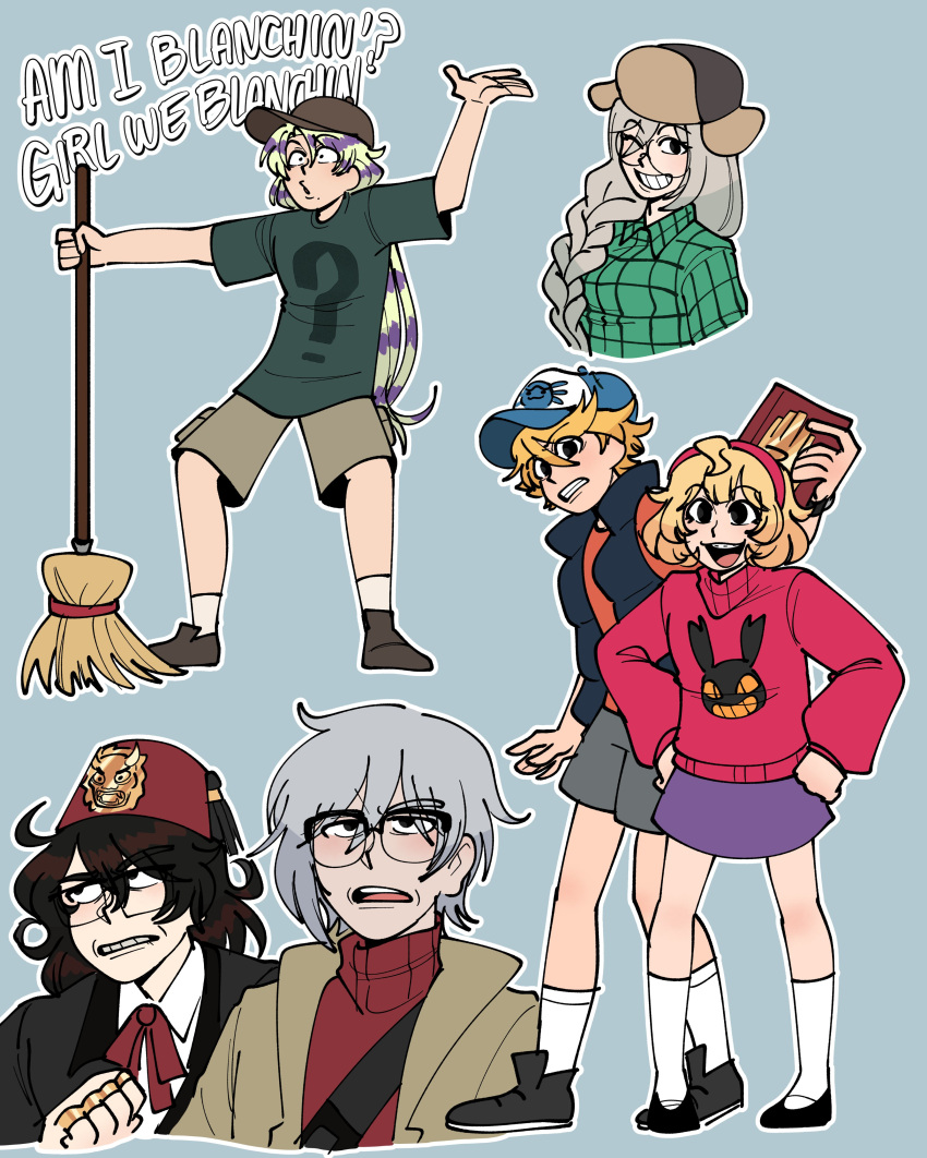 2girls, 4boys, :d, :o, absurdres, ahoge, aia_amare, black_hair