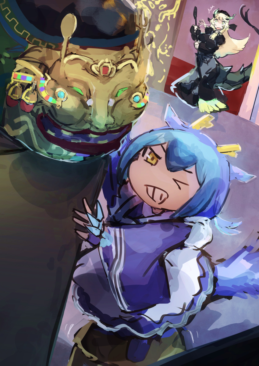 2girls, apron, black_dress, blue_hair, blue_kimono, broom, chamber_dragonmaid, dragon_girl
