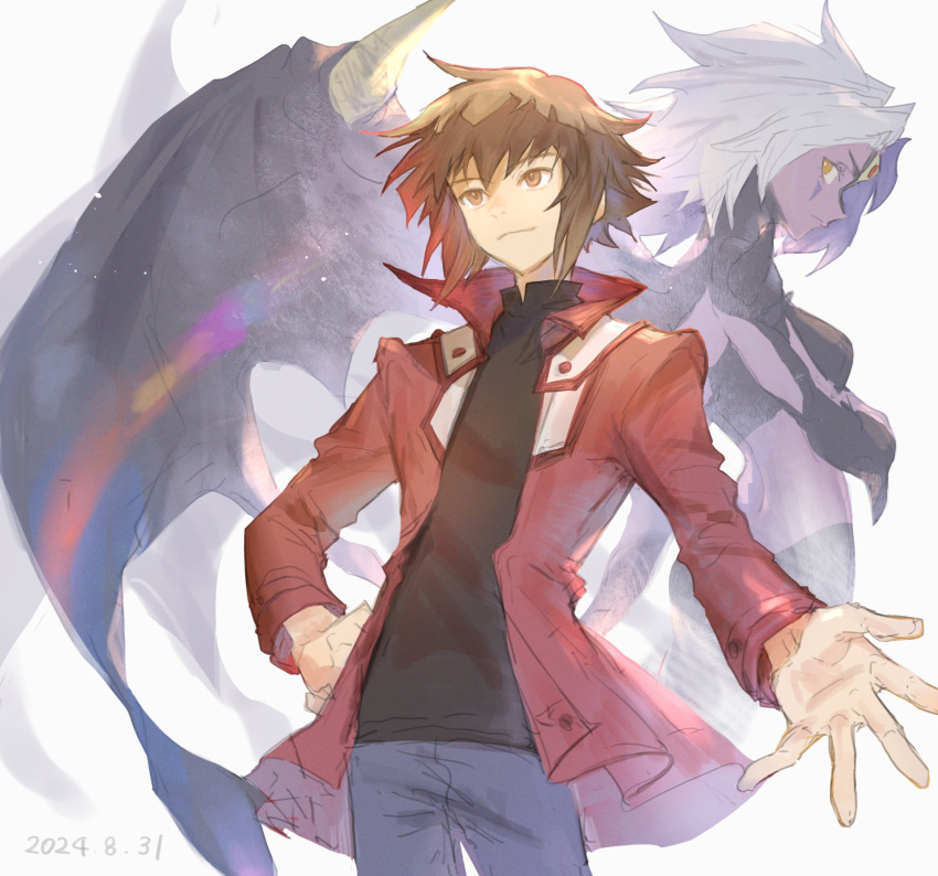 1boy, 1girl, black_shirt, black_wings, blue_pants, brown_eyes, brown_hair, colored_skin