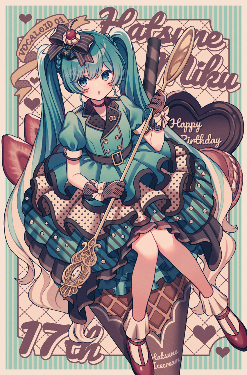 1girl, :o, alternate_costume, amagi_hana, aqua_eyes, aqua_hair, black_choker, blue_eyes, blue_hair, blush, bow, buttons, choker, double-breasted, dress, food, frilled_dress, frills, hair_between_eyes, hair_bow, hair_ornament, happy_birthday, hatsune_miku, highres, ice_cream, long_hair, looking_at_viewer, mary_janes, multicolored_hair, open_mouth, oversized_spoon, polka_dot, puffy_short_sleeves, puffy_sleeves, red_footwear, shoes, short_sleeves, sitting_on_food, socks, solo, striped_clothes, twintails, two-tone_hair, very_long_hair, vocaloid, white_hair, white_socks