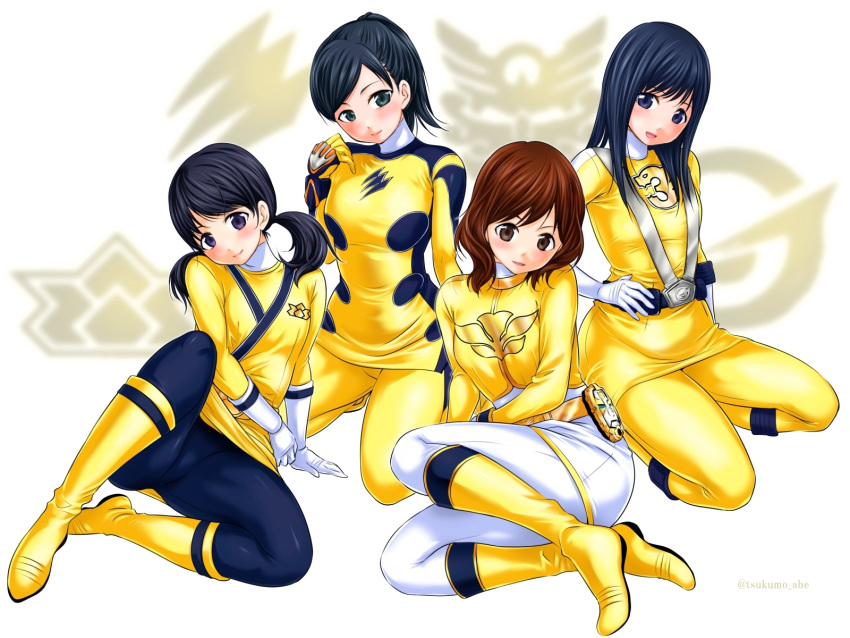 4girls, abe_tsukumo, animification, belt, black_hair, black_pantyhose, blue_eyes, blush, bob_cut, bodysuit, boots, brown_eyes, brown_hair, closed_mouth, color_connection, elbow_gloves, engine_sentai_go-onger, geki_yellow, gloves, go-on_yellow, gold_belt, gosei_yellow, green_eyes, hanaori_kotoha, hand_on_own_hip, head_tilt, highres, juuken_sentai_gekiranger, long_hair, moune, multiple_girls, no_headwear, open_mouth, pantyhose, ponytail, rouyama_saki, samurai_sentai_shinkenger, shinken_yellow, short_hair, short_twintails, sitting, skin_tight, skirt, smile, squatting, straight_hair, super_sentai, tensou_sentai_goseiger, tokusatsu, turtleneck, twintails, two-tone_bodysuit, uzaki_ran, violet_eyes, white_gloves, white_pantyhose, white_skirt, yellow_bodysuit, yellow_footwear, yellow_gloves, yellow_skirt