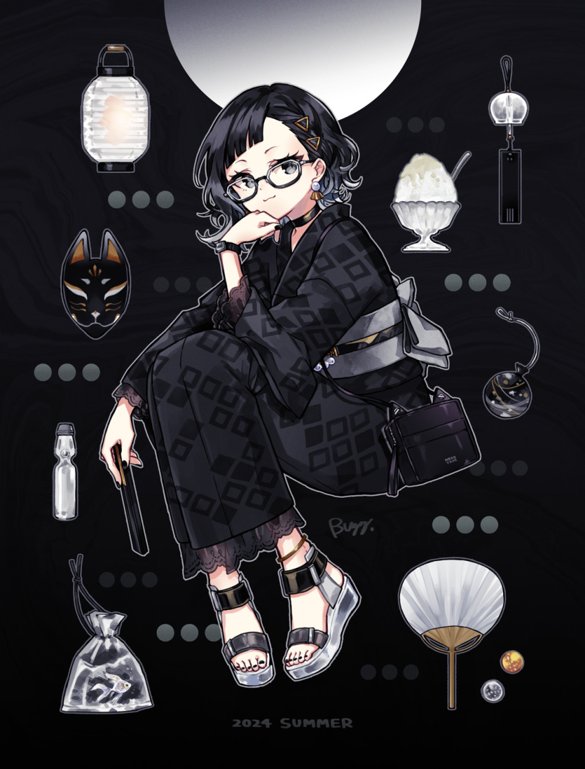 1girl, animal, animal_bag, bag, bagged_fish, black-framed_eyewear, black_hair, black_kimono