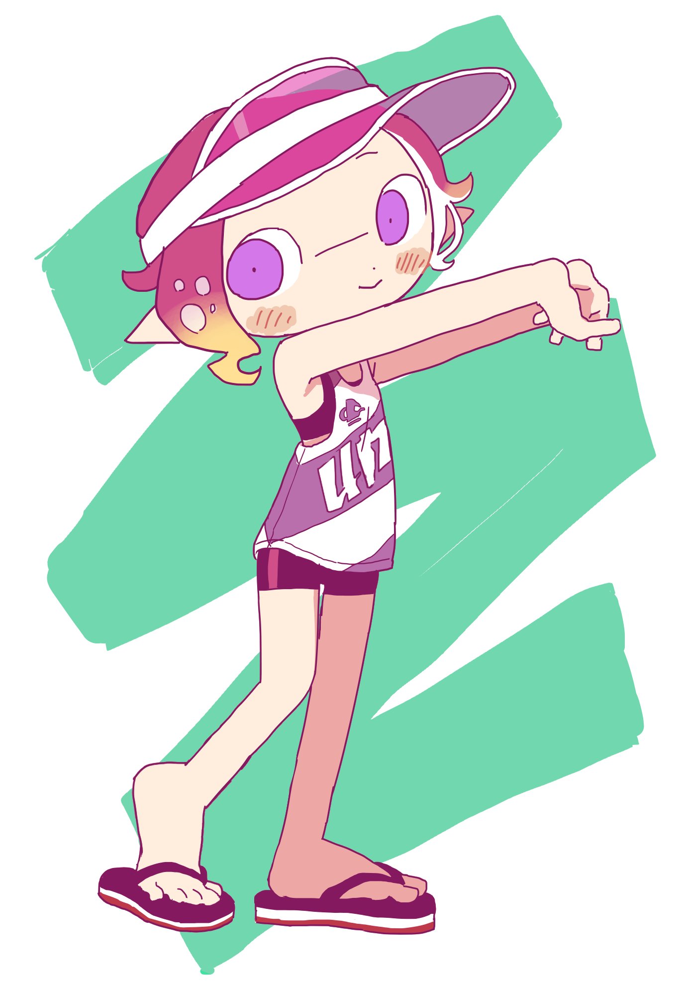 1girl, bike_shorts, blush, flat_chest, flip-flops, gradient_hair, highres, ikuta_semi