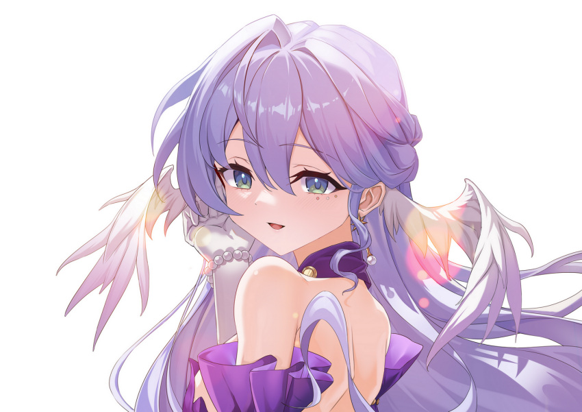 1girl, angel_wings, back, blue_hair, earrings, gloves, green_eyes, hair_between_eyes
