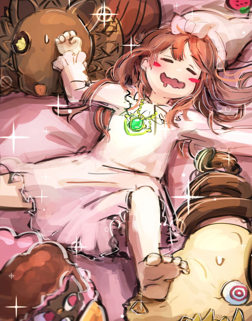 1girl, barefoot, brown_hair, doll, dreaming_nemleria, drooling, duel_monster, hat