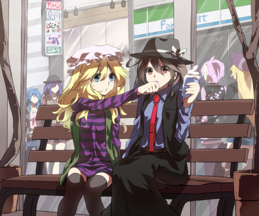 alternate_costume, bad_id, bad_pixiv_id, belt, bench, black_legwear, black_thighhighs, blonde_hair