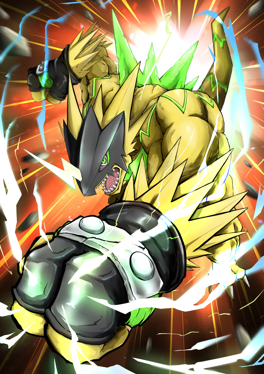 absurdres, black_gloves, bulkmon, clenched_teeth, colored_skin, digimon, digimon_(creature), dowa_d_715
