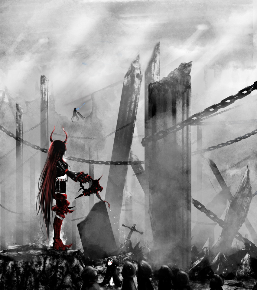 2girls, armor, armored_boots, belt, black_gold_saw, black_rock_shooter, black_rock_shooter_(character), black_shorts