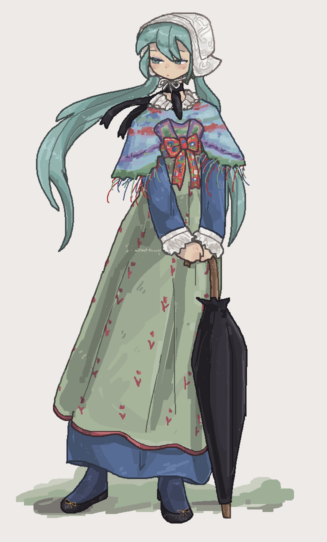 1girl, alternate_costume, aqua_eyes, aqua_hair, bonnet, bow, capelet, closed_umbrella, commentary, dress, english_commentary, flats, fringe-trimmed_capelet, full_body, hatsune_miku, holding, holding_umbrella, italy, jaggy_lines, long_dress, long_hair, microsoft_paint_(medium), mspaint-flower, piedmont, simple_background, solo, standing, twintails, umbrella, very_long_hair, vocaloid, white_background
