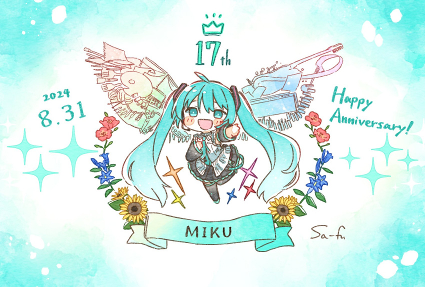 1girl, :d, ahoge, aqua_eyes, aqua_hair, artist_name, black_footwear, black_skirt, blush, boots, character_name, chibi, collared_shirt, crown, dated, detached_sleeves, english_text, full_body, gradient_hair, grey_sleeves, happy_anniversary, hatsune_miku, headset, highres, multicolored_hair, open_mouth, pleated_skirt, sa-fu_(sfmk39), shirt, skirt, sleeveless, sleeveless_shirt, smile, solo, thigh_boots, vocaloid, white_shirt, wings