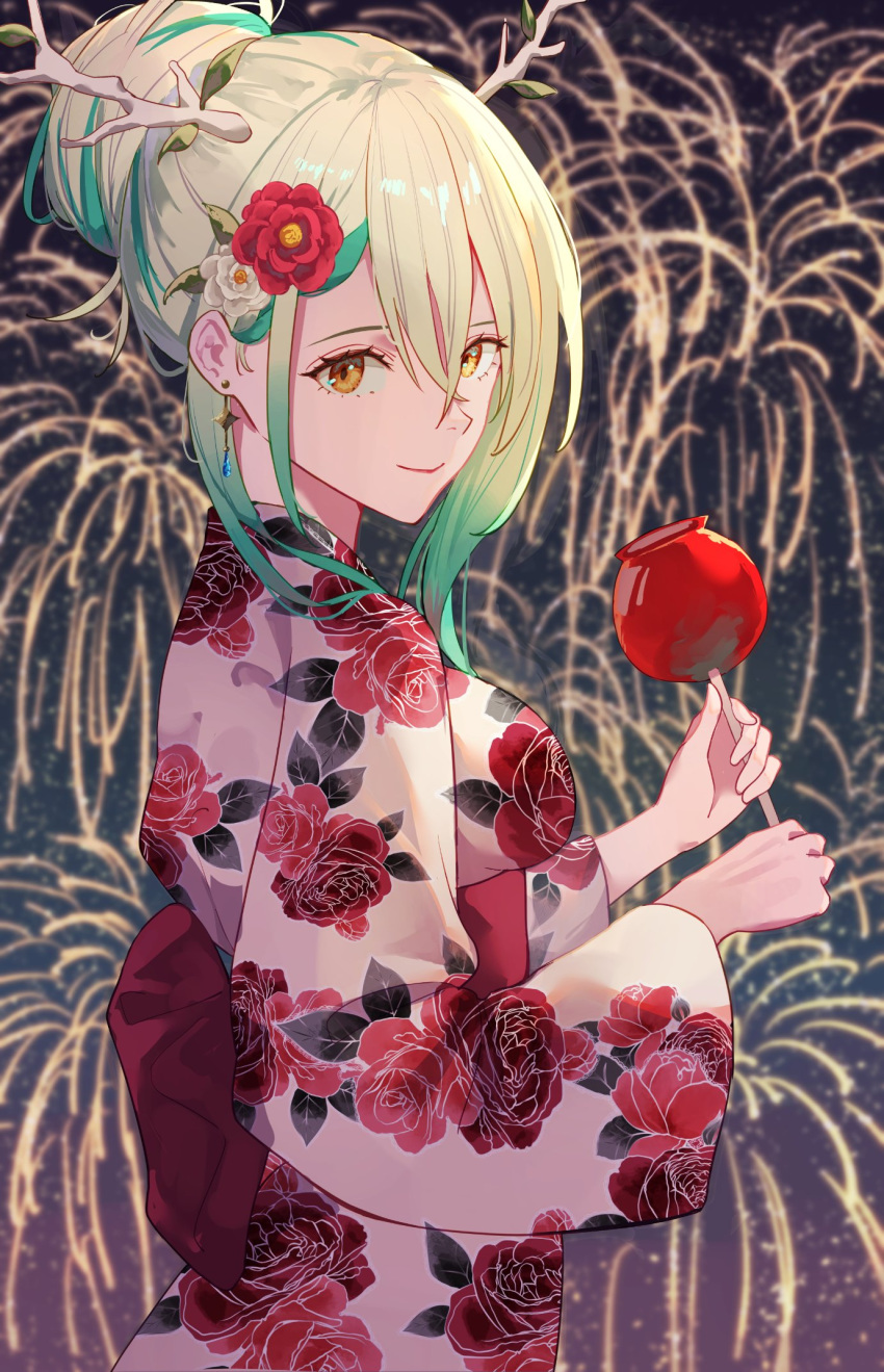 1girl, aerial_fireworks, alternate_hairstyle, antlers, candy_apple, ceres_fauna, ceres_fauna_(new_year), commentary, earrings, eyelashes, fireworks, floral_print, flower, food, green_hair, hair_between_eyes, hair_bun, hair_flower, hair_ornament, highres, hololive, hololive_english, horns, jewelry, long_hair, looking_at_viewer, mozzu123, multicolored_hair, night, night_sky, obi, red_flower, sash, sidelocks, single_hair_bun, sky, streaked_hair, symbol-only_commentary, upper_body, virtual_youtuber, white_flower, yellow_eyes