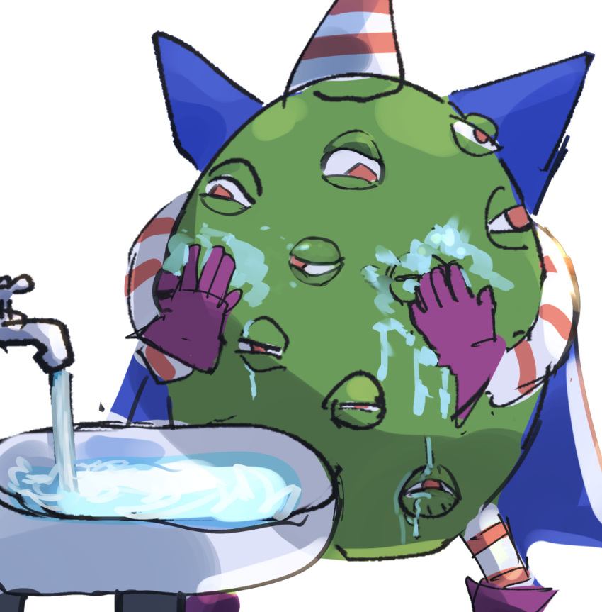 1other, cape, colored_skin, duel_monster, extra_eyes, green_skin, hatano_kiyoshi, monster, red_eyes, sink, solo, thousand-eyes_idol, washing, water, white_background, yu-gi-oh!