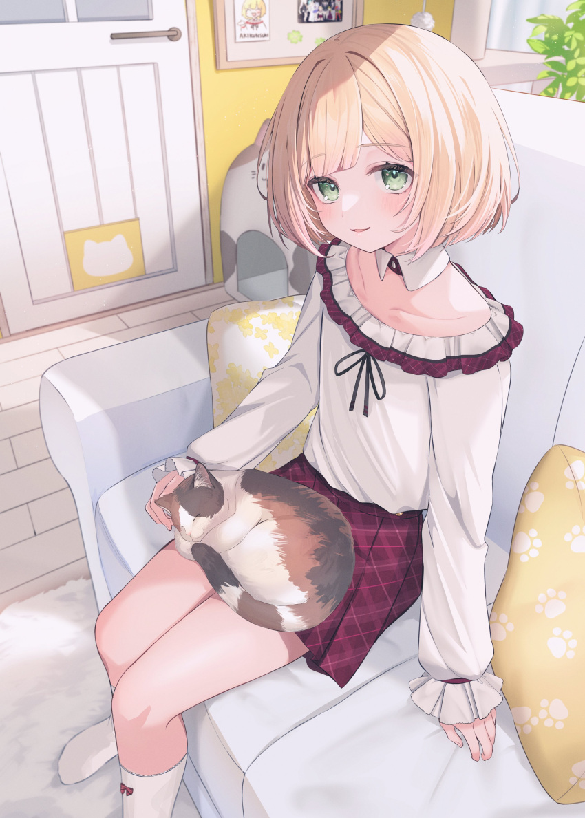 1boy, absurdres, androgynous, animal_on_lap, black_ribbon, blonde_hair, bow_legwear, calico