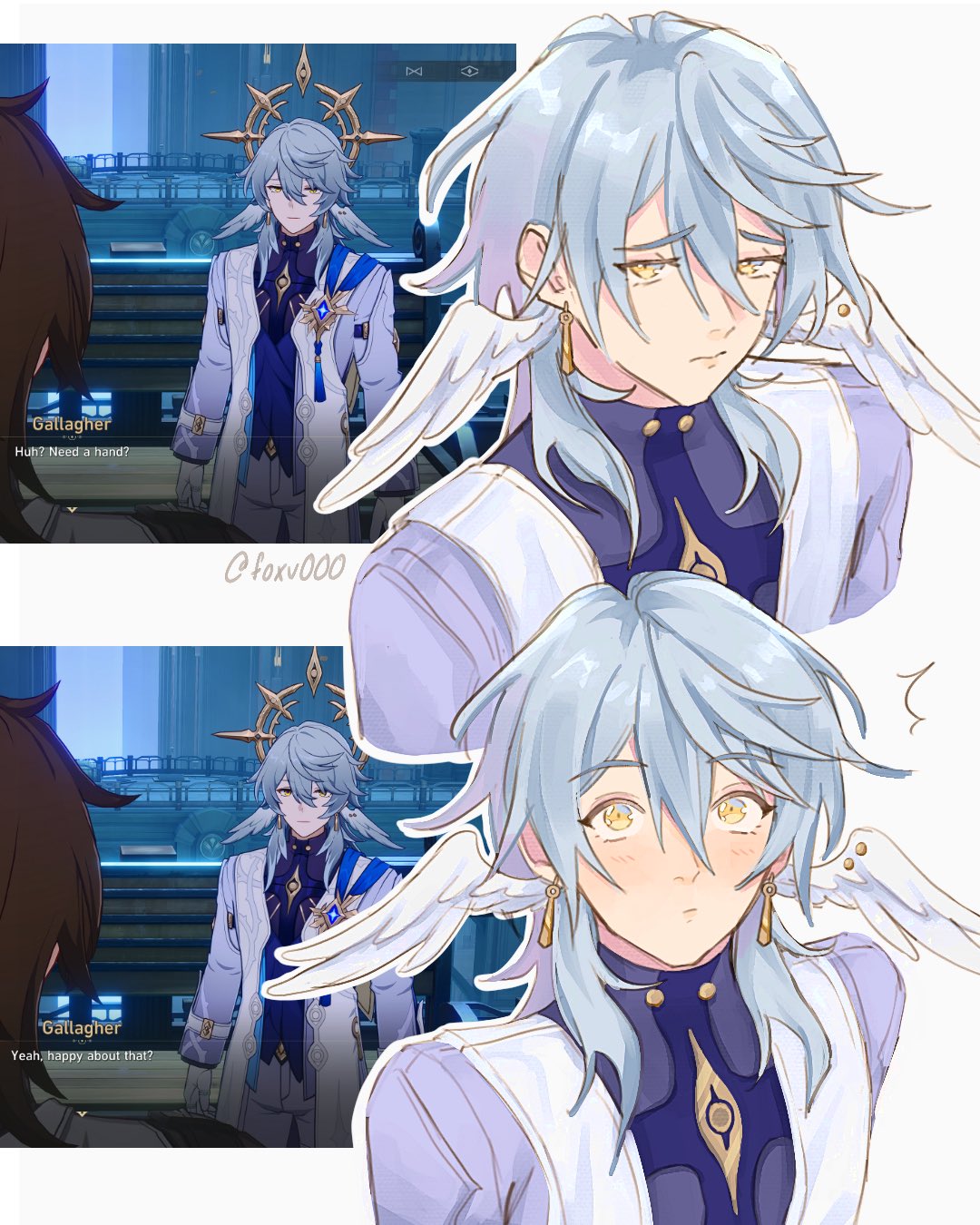 2boys, artist_name, closed_mouth, earrings, english_commentary, feathered_wings, foxv000, gallagher_(honkai:_star_rail)