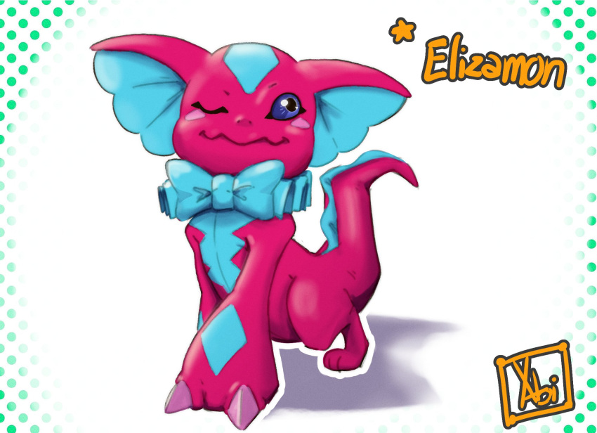 blue_eyes, character_name, colored_skin, digimon, digimon_(creature), digimon_liberator, elizamon, fins, full_body, head_fins, highres, one_eye_closed, pink_skin, reptile, solo, xabimaruru