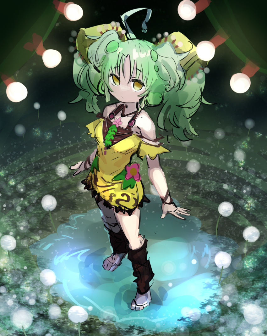 1girl, barefoot, dress, duel_monster, full_body, green_dress, green_hair, hatano_kiyoshi, highres, looking_at_viewer, off-shoulder_dress, off_shoulder, solo, traptrix, traptrix_sera, twintails, yu-gi-oh!