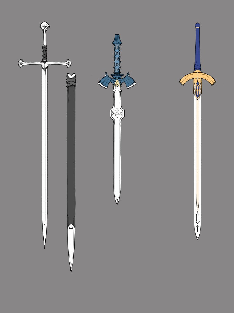 bolos, commentary, excalibur_(fate/stay_night), fate/stay_night, fate_(series), grey_background, hexagram, master_sword, no_humans, sheath, simple_background, star_of_david, sword, the_legend_of_zelda, the_lord_of_the_rings, tolkien's_legendarium, weapon, weapon_focus