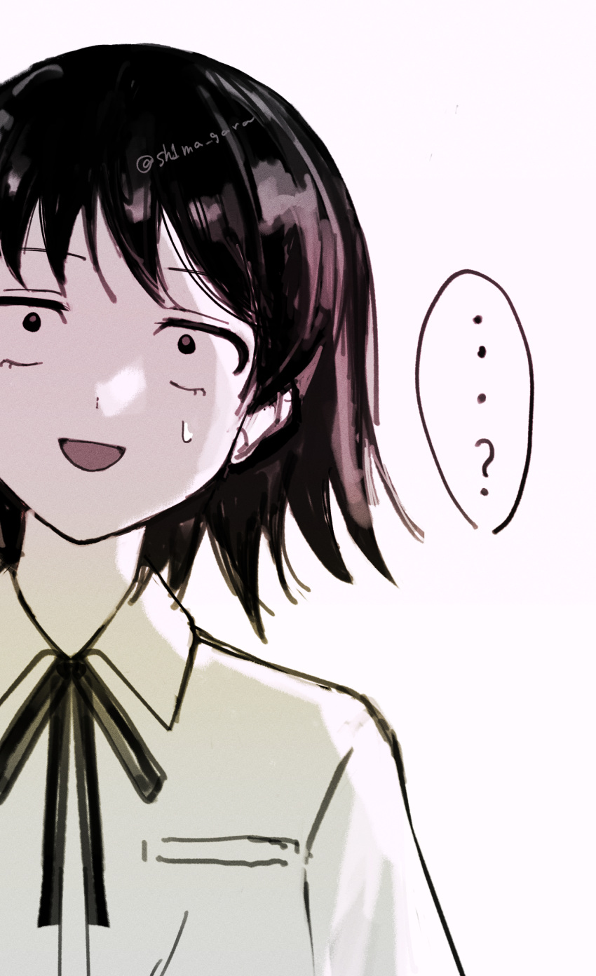 ..., 1girl, :d, ?, absurdres, collared_shirt, commentary_request, dress_shirt