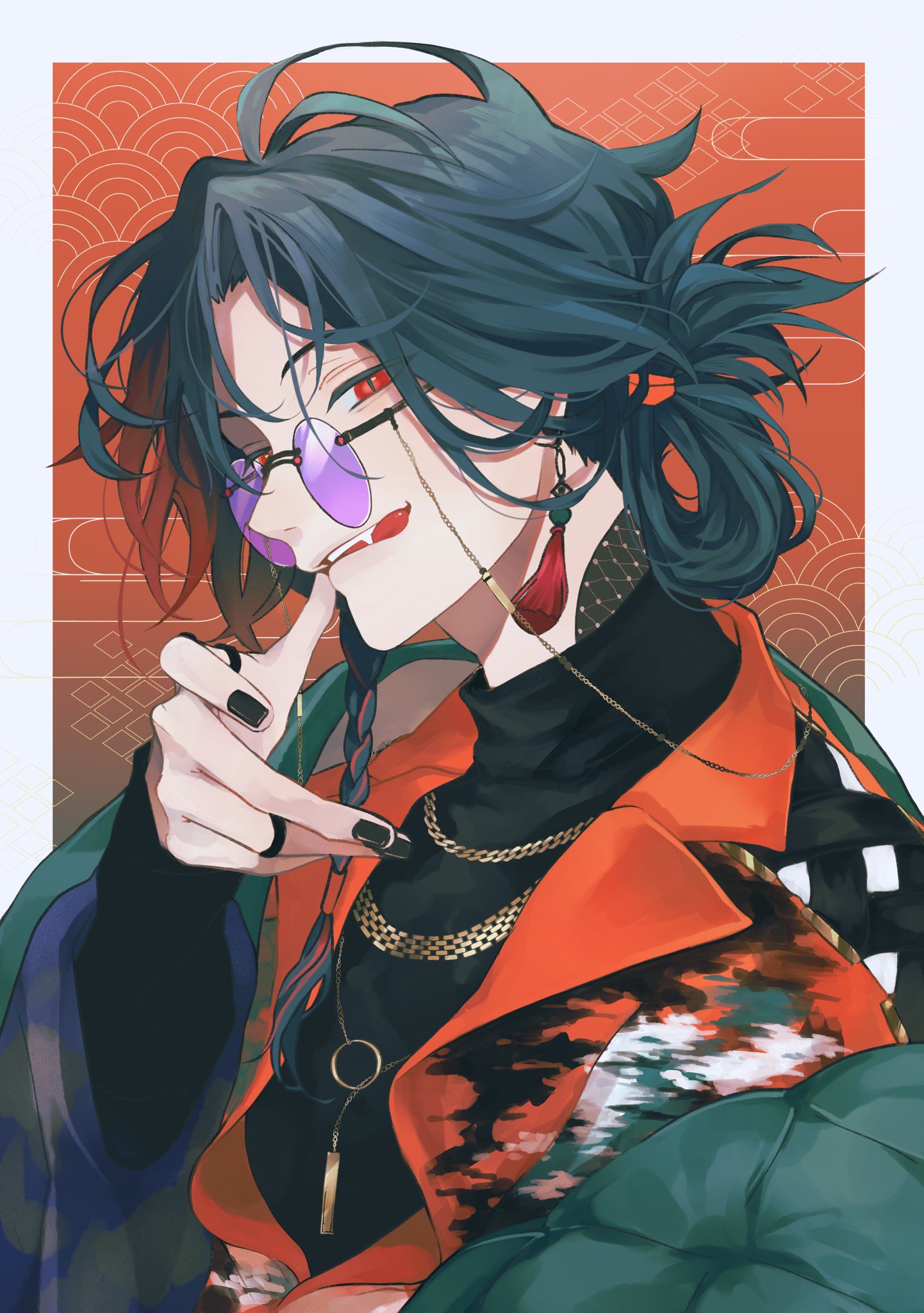1boy, black_hair, black_nails, black_sweater, braid, chain, chain_necklace, curtained_hair, earrings, fang, futonmakurako, gold_necklace, highres, jewelry, kaisei_(nijisanji), licking_lips, long_hair, long_sleeves, looking_at_viewer, male_focus, multicolored_clothes, neck_tattoo, necklace, nijisanji, o-ring, purple-tinted_eyewear, red_eyes, red_shirt, redhead, round_eyewear, shirt, single_braid, single_hair_ring, slit_pupils, sweater, tassel, tassel_earrings, tattoo, tinted_eyewear, tongue, tongue_out, turtleneck, upper_body, virtual_youtuber