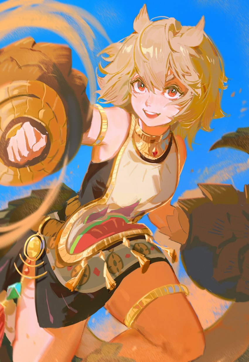 1girl, afk_journey, alsa_(afk), blonde_hair, clothing_request, gem, gold_armlet, gold_thighlet