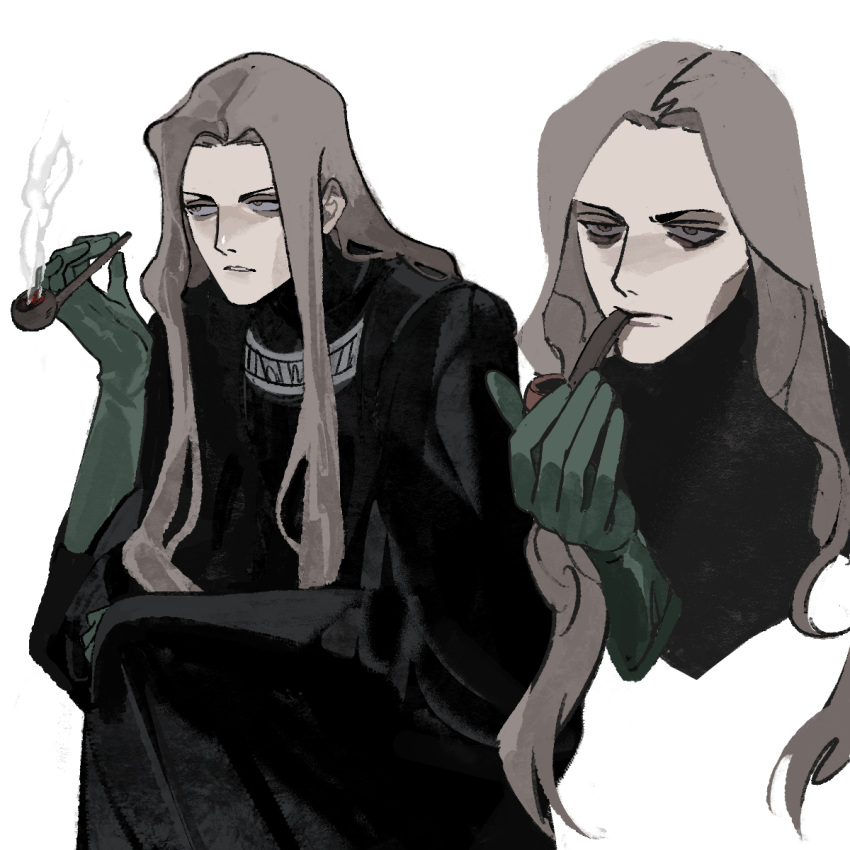 1boy, arm_up, bags_under_eyes, black_robe, brown_hair, closed_mouth, commentary, elbow_gloves