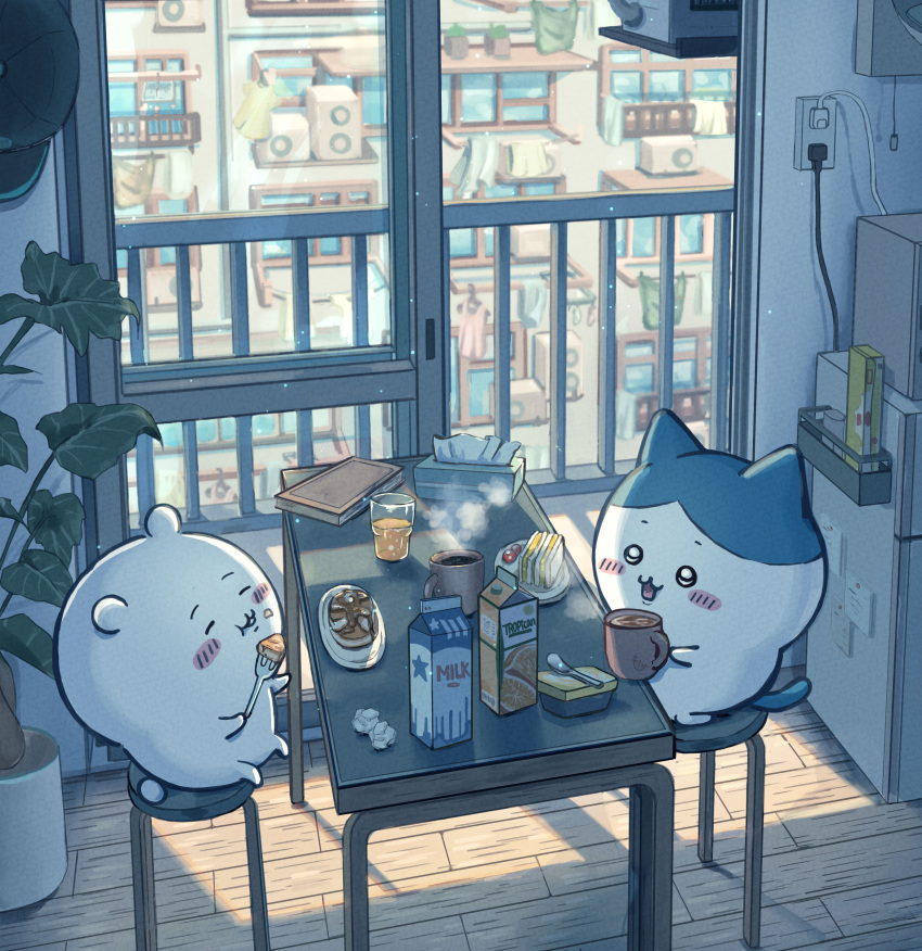 :3, absurdres, animal_ears, blush_stickers, book, breakfast, cable, chiikawa