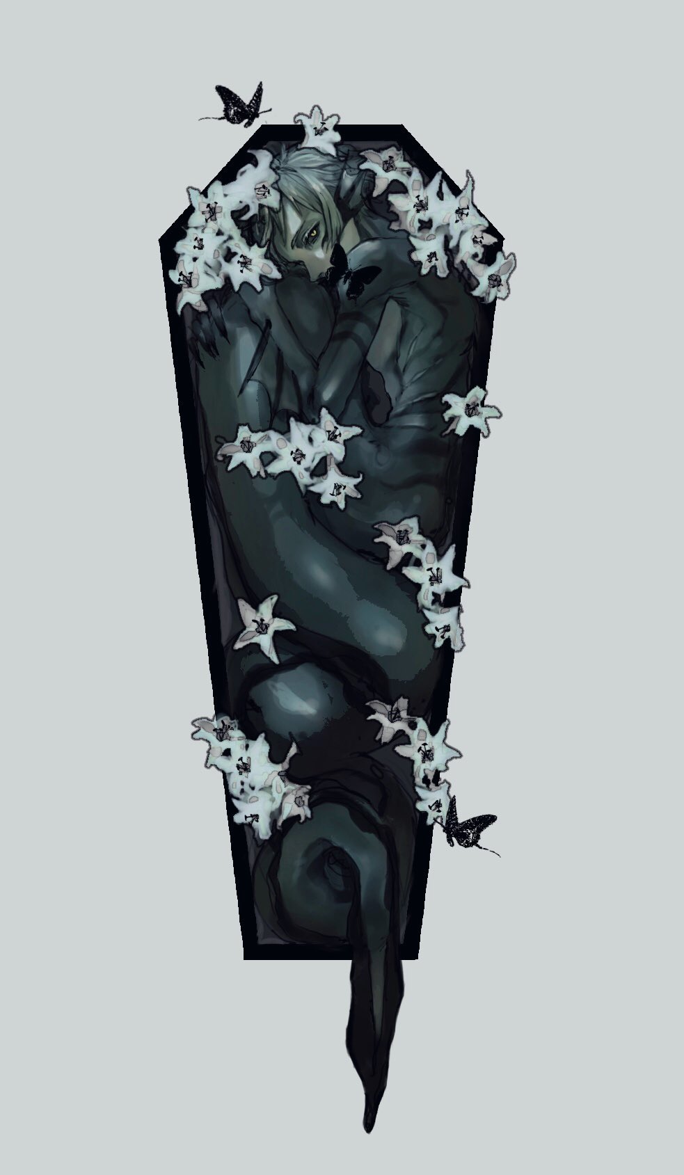 1boy, blue_hair, bug, butterfly, coffin, commentary, eel_boy, fins
