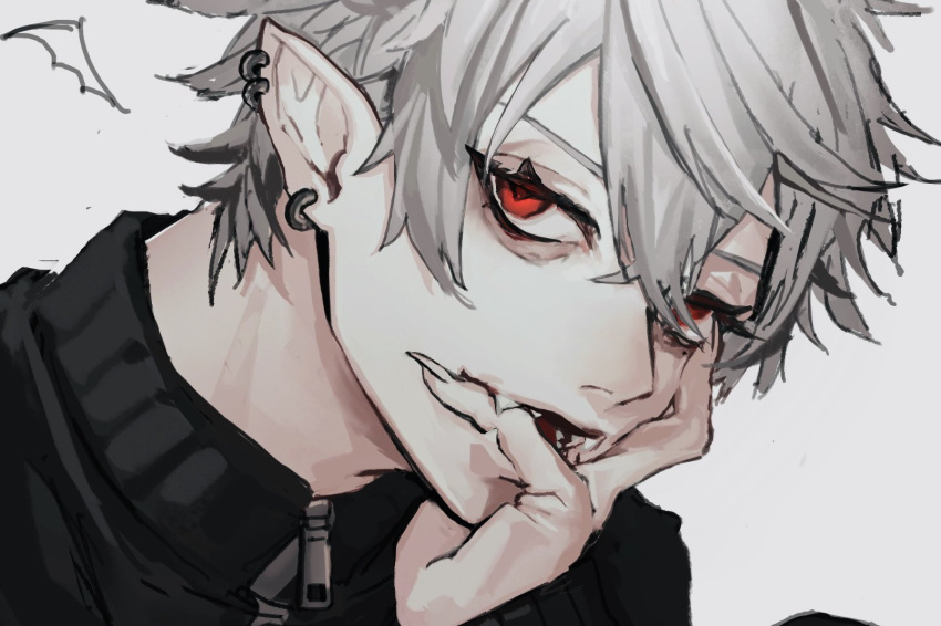 1boy, black_jacket, fangs, finger_in_own_mouth, fingernails, grey_background, grey_hair, highres