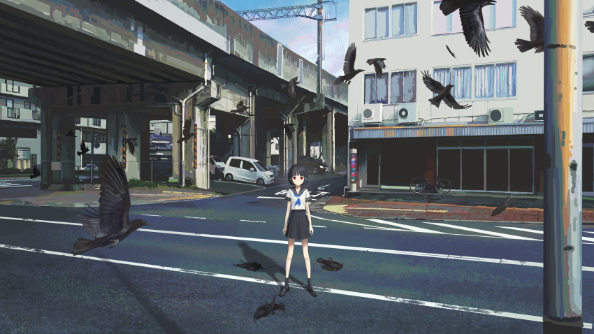 05tai_mono, 1girl, absurdres, air_conditioner, bare_arms, bare_legs, bicycle, bird