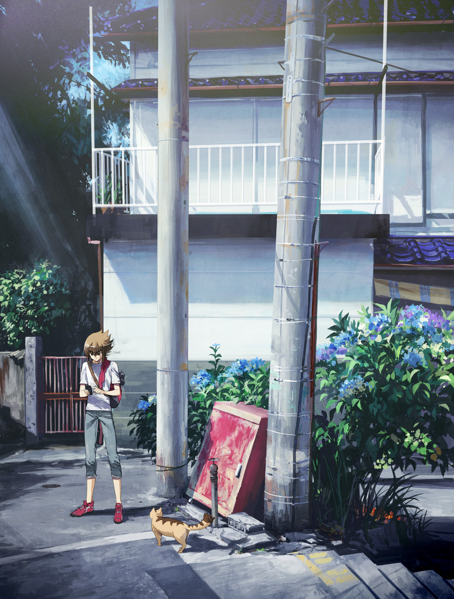 1boy, bag, balcony, blue_flower, brown_eyes, brown_hair, building, bush