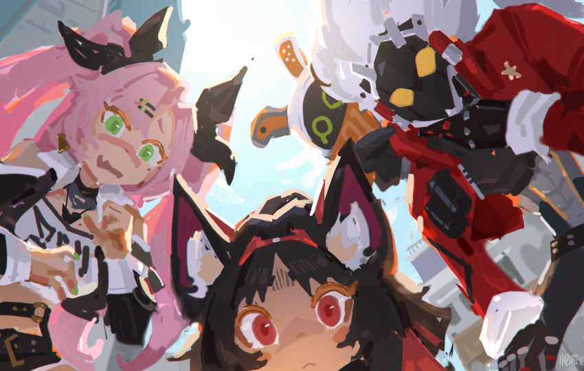 1boy, 2girls, absurdres, apu_spills_his_tendies_(meme), bangboo_(zenless_zone_zero), belt, billy_kid, black_bow