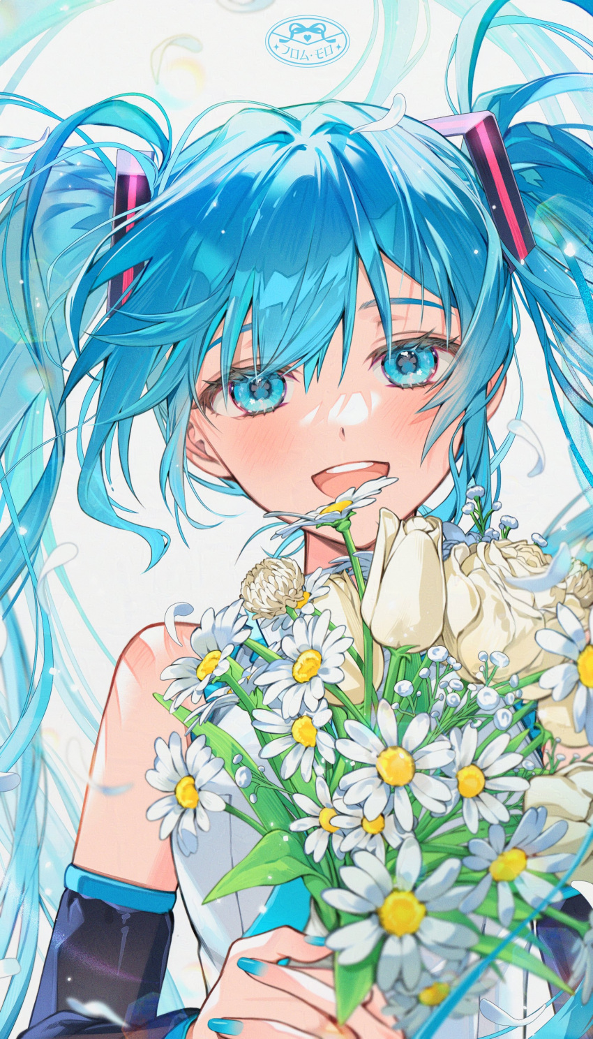 1girl, absurdres, birthday, black_sleeves, blue_eyes, blue_hair, blue_nails, blue_necktie