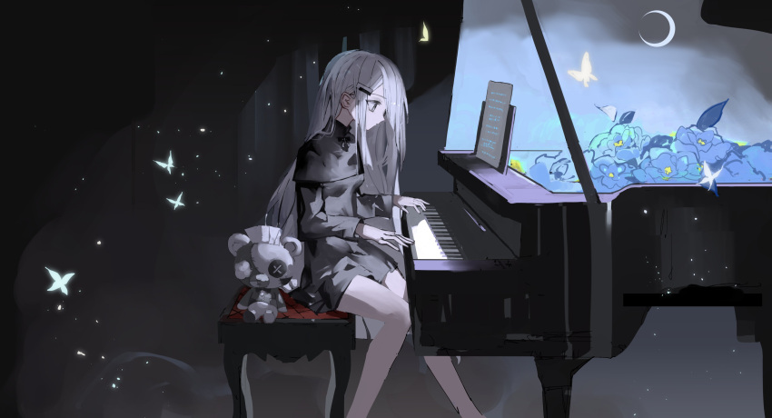 1girl, absurdres, black_capelet, black_dress, bow, bowtie, bug, butterfly