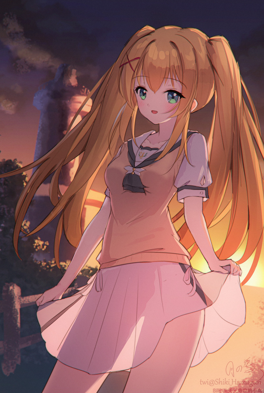 1girl, :d, ascot, backlighting, black_ascot, blonde_hair, blush, breasts, commentary, cowboy_shot, eyelashes, green_eyes, hair_intakes, hair_ornament, happy, highres, lighthouse, long_hair, looking_at_viewer, miniskirt, open_mouth, outdoors, pleated_skirt, puffy_short_sleeves, puffy_sleeves, sailor_collar, school_uniform, see-through, see-through_skirt, serafuku, shiki_hamaguri, shirt, short_sleeves, sidelocks, signature, skirt, skirt_hold, small_breasts, smile, solo, straight_hair, summer_pockets, sunset, sweater_vest, tsumugi_wenders, twintails, twitter_username, very_long_hair, white_sailor_collar, white_serafuku, white_shirt, x_hair_ornament, yellow_sweater_vest