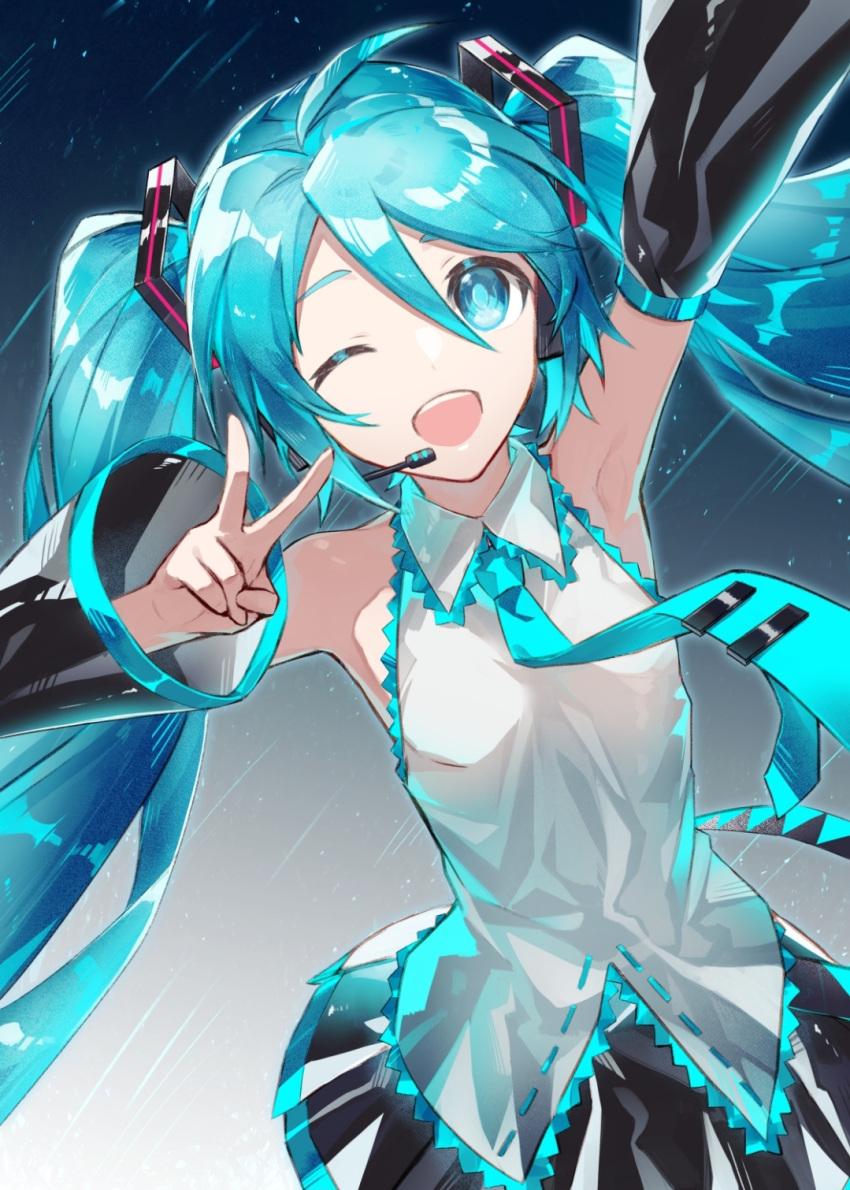 1girl, :d, arm_up, armpits, black_skirt, black_sleeves, blue_eyes, blue_hair