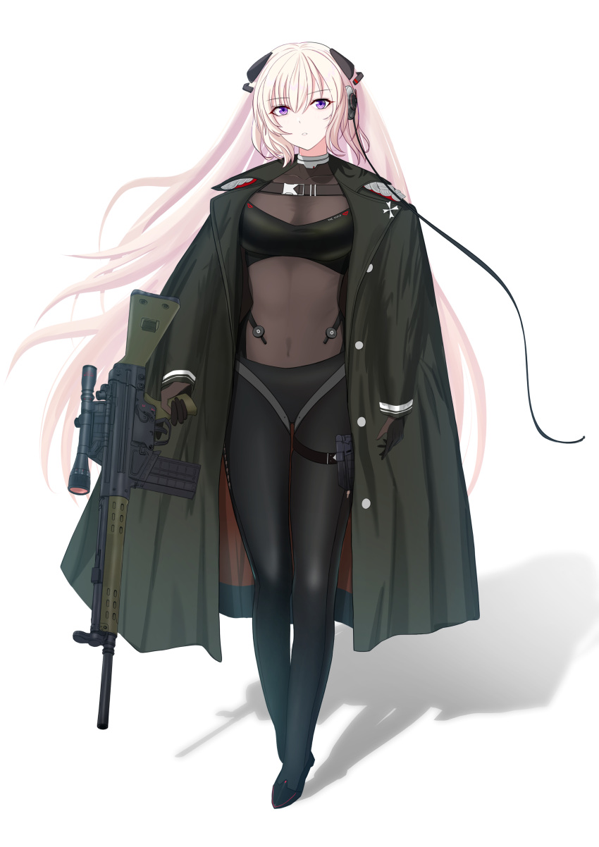 1girl, absurdres, assault_rifle, battle_rifle, belt, black_bra, black_leggings, black_pants