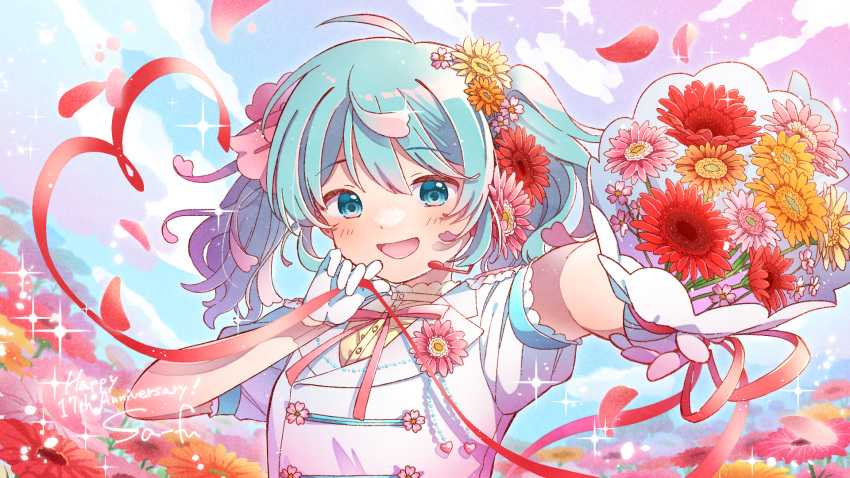 1girl, :d, blue_eyes, blue_hair, blue_sky, blush, bouquet, boutonniere, bow, buttons, clouds, cloudy_sky, collared_shirt, day, double-breasted, falling_petals, field, floating_hair, flower, flower_field, gloves, gradient_hair, hair_bow, hair_flower, hair_ornament, happy_anniversary, hatsune_miku, headphones, highres, holding, holding_bouquet, holding_ribbon, incoming_gift, jacket, long_hair, looking_at_viewer, multicolored_hair, open_mouth, orange_flower, outdoors, outstretched_arm, petals, pink_bow, pink_flower, pink_hair, red_flower, red_ribbon, ribbon, sa-fu_(sfmk39), shirt, short_sleeves, sidelocks, sky, smile, solo, sparkle, twintails, upper_body, vocaloid, white_gloves, white_jacket, yellow_shirt
