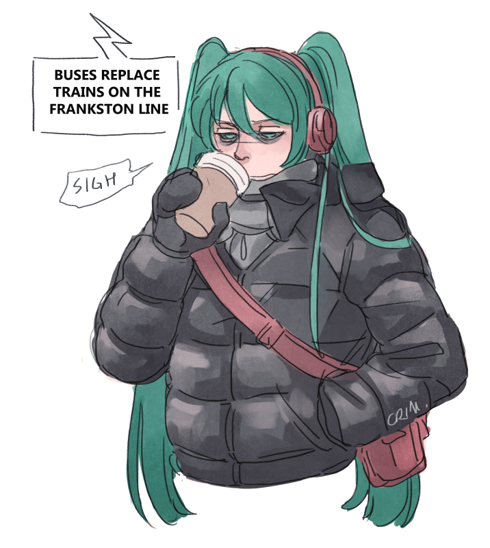 1girl, bag, black_coat, coat, crimson_sun, drink, drinking, english_commentary