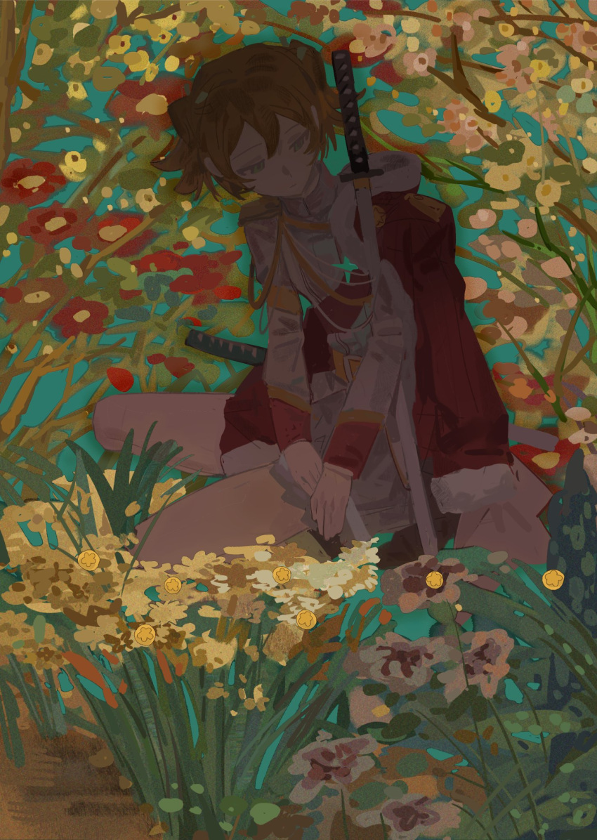 1girl, aiguillette, closed_mouth, commentary_request, daiba_nana, epaulettes, expressionless, flower